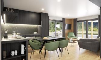 A modern kitchen with elegant furniture and a dining area. Large windows provide a view of the green surroundings.