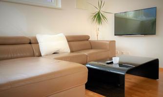 A modern living room with a beige couch and a black coffee table. A TV hangs on the wall and a plant creates a pleasant atmosphere.