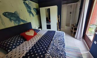 A cozy bedroom with a large bed and creative wall design. There are windows with plenty of natural light and a small area with a shower.