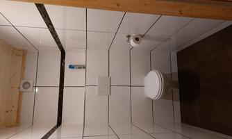 A modern restroom with white tiles and a light wooden ceiling. There is a toilet roll and some hygiene products on the shelf.