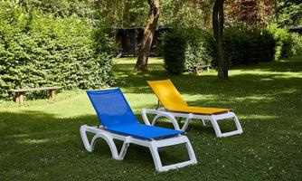 Two loungers, one blue and one yellow, are standing on a green meadow. In the background, trees and bushes are visible.