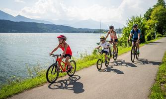 A family is riding bicycles along a beautiful lake. In the background, mountains and a clear sky can be seen.