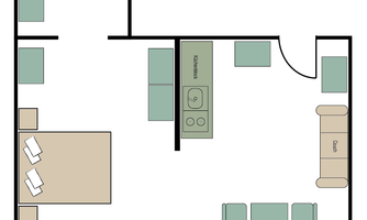 A simple floor plan representation of an apartment with a living room, a kitchen, and a balcony. The layout clearly shows the arrangement of furniture and rooms.