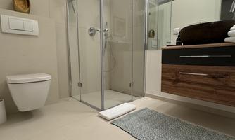 A modern bathroom with a glass shower, a toilet, and a sink. The floor is light, and a towel as well as a rug are lying there.