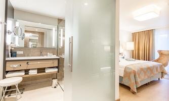 A modern bathroom with an elegant sink and mirror. Behind it is a cozy bedroom with a large window and natural light.