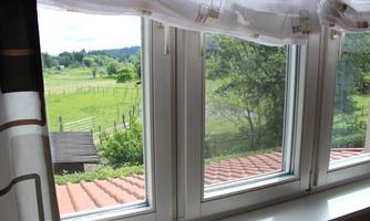 A view from a window onto a green meadow with trees and a small building. The sky is clear and sunny.