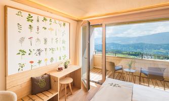 A modern room with plant illustrations on the walls and large windows that offer a view of the mountains. The space is bright and inviting, with a wooden ceiling and minimalist furnishings.
