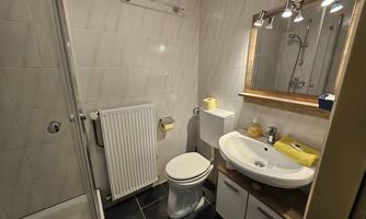 A modern bathroom with a shower, sink, and toilet. The walls are light-tiled, and there are wooden details in the mirror and under the sink.