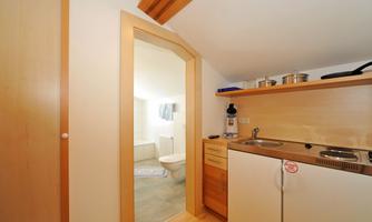 A small, modern kitchen with wooden shelves and a refrigerator. Access to a bathroom is visible.