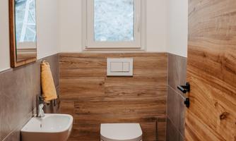 A modern bathroom with wooden paneling and bright interior. It includes a toilet, a sink, and a window that lets in daylight.