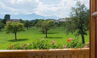 A cozy balcony with a table set for breakfast. In the background, green meadows and trees can be seen under a clear blue sky.