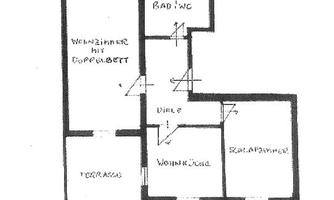 A simple floor plan sketch of an apartment. It shows the arrangement of rooms such as living room, bedroom, bathroom, and terrace.