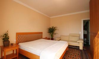 A simple bedroom with a large bed and a beige sofa. In the background, there is a plant, and the room is bright and friendly designed.
