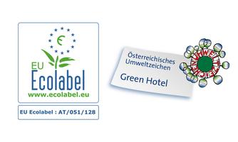 The image shows the EU Ecolabel and the Austrian Environmental Seal for environmentally friendly hotels. Both labels represent sustainability and environmental awareness.