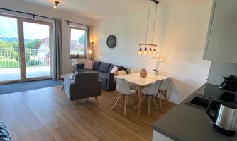 A modern living room with a dining area and large windows. The room is bright and friendly with wooden flooring and simple furnishings.