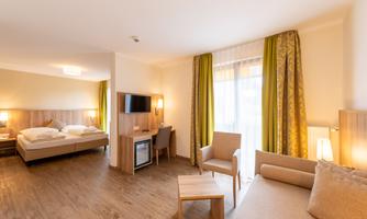 A modern hotel room with hardwood floors and warm colors. There is a double bed, a desk, and large windows that let in plenty of light.