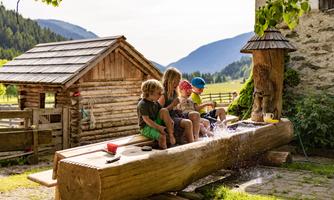 Two children are sitting on a large wooden log and playing with water. In the background, there is a small wooden house and forests visible.