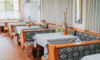 A cozy restaurant with wooden furniture and white tablecloths. The windows are adorned with curtains and small plants are on the tables.