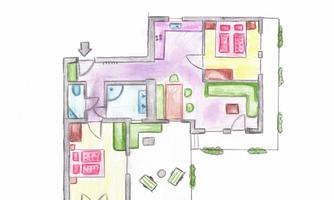 A colored sketch of a floor plan with several rooms. The representation shows different areas such as living spaces and a bathroom.