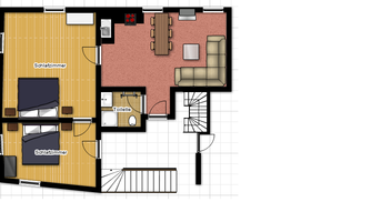 A floor plan drawing of an apartment with two bedrooms, a living room, and a bathroom. The area is clearly structured with a spacious dining area.