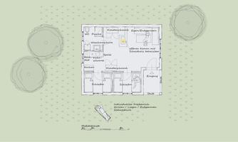 An overview sketch of a building with various rooms. In the background, there are some circular elements visible.