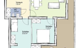 The floor plan of an apartment shows various rooms such as living room, bedroom, and terrace. The areas of the individual rooms are indicated.