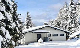 A cozy house in the snow, surrounded by snow-covered trees. The sky is clear and blue.