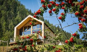 A modern wooden house surrounded by green mountains and colorful red mountain maple flowers. The large window front offers a beautiful view of nature.