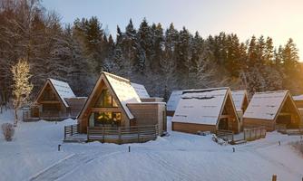 A group of cozy cabins in the snow, surrounded by a snowy forest. The cabins have a modern architecture and an inviting atmosphere.