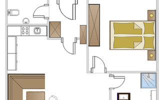 Plan of a holiday apartment with two bedrooms, kitchen, living room, and terrace. The furniture is arranged simply and functionally.