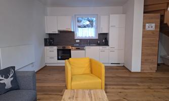 Modern kitchen with cooking area and cozy living area. A yellow armchair and a gray sofa invite you to relax.