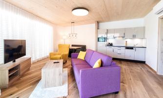 A modern living room with a purple sofa, a yellow armchair, and a television. The bright kitchen is well-equipped, and large windows provide plenty of daylight.