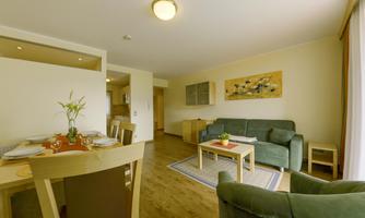 A cozy living space with a green sofa and a dining table. The walls are bright, and a picture adorns the room.