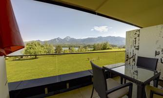 A beautiful view from a balcony overlooking a green meadow and mountains in the background. The sky is clear with a few clouds.