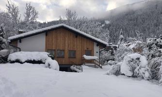 A cozy wooden house sits in the snow, surrounded by snow-covered trees. The sky is cloudy, and mountains are visible in the distance.