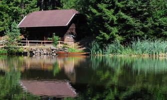 A picturesque wooden house by the lake, surrounded by dense forest. The water reflects the landscape and the house.