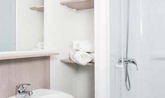 A modern bathroom with a shower cubicle and a sink. On the shelves, there are plants and fresh towels.