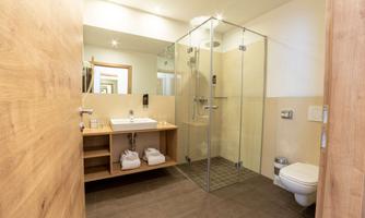 A modern bathroom with a glass shower area and an elegant sink countertop. The wood and tile surfaces create a stylish atmosphere.