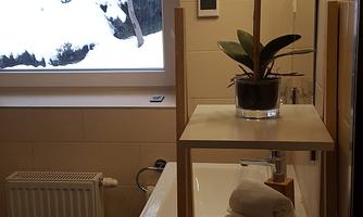 A modern bathroom with a window overlooking a snow-covered landscape. On a shelf, there is an orchid plant and fresh towels.