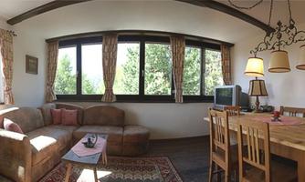 A cozy living space with a large window front and a view of the trees. The furnishings consist of a comfortable sofa and a wooden dining area.