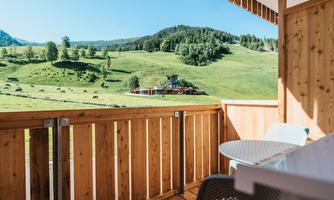 A beautiful view from a balcony overlooking green meadows and gentle hills. In the background, buildings and trees are visible.