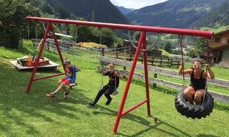 A playground with swings and a tire swing. Children enjoy a sunny day in nature.
