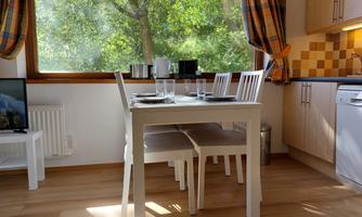 An inviting dining area with a white table and chairs. Daylight streams through the window and offers a view of the green nature outside.