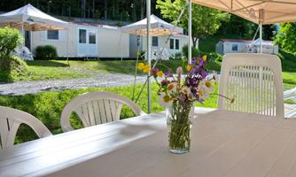 A beautiful table with a flower vase is in the foreground. In the background, bright accommodations and green trees can be seen.