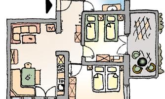A simple floor plan drawing of an apartment. The rooms include a living room, two bedrooms, and a kitchen.