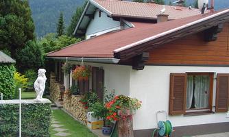 A cozy house with a garden full of flowers. In the background, trees and mountains can be seen.