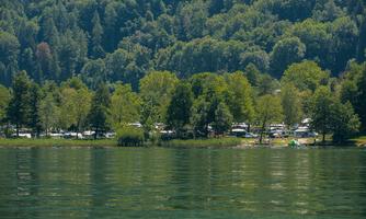 A quiet landscape with clear water and many green trees. In the background, camping vehicles can be seen parked in a natural area.