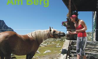 A woman stands by a mountain house and feeds a horse. The sky is blue, and the landscape is mountainous and pristine.