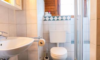 A small bathroom with white tiles and a shower. The wooden ceiling creates a cozy atmosphere.