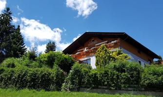 A beautiful house surrounded by lush greenery and trees. The sky is clear and blue with a few clouds.